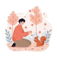 Person Feeding Squirrel in Autumn Park with Orange Trees and Falling Leaves Illustration vector