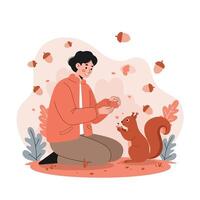 Person feeding squirrel in autumn park with falling acorns and warm tones illustration vector