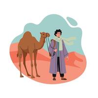 Man with camel standing in desert landscape with sand dunes and blue sky illustration vector