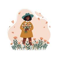 Happy young woman holding bouquet of flowers in garden with green hat and brown dress illustration vector