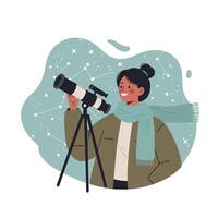 Woman using telescope for stargazing and astronomy exploration at night with constellation background illustration vector