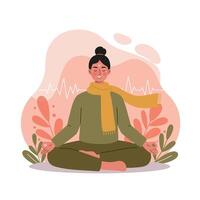 Woman Meditating in Lotus Pose with Autumn Leaves and Calm Energy Background for Mindfulness and Relaxation Practices vector