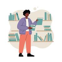 Person standing in library selecting books from shelves with casual outfit and thoughtful expression vector