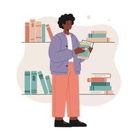 Young person browsing books in library with pastel shelves and casual outfit reading activity knowledge exploration vector