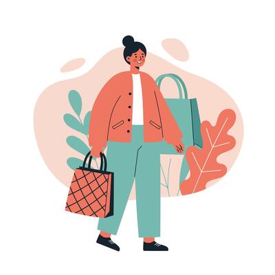 Woman carrying shopping bags in casual outfit walking with abstract nature background in digital art style