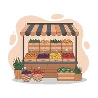 Fruit and vegetable market stall with wooden crates and striped canopy in simple flat design vector