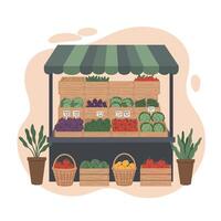 Fresh vegetable stand with wooden crates and baskets showcasing colorful produce in outdoor market setting vector