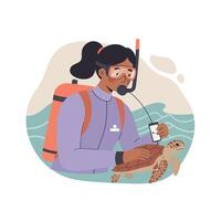 Woman diver holding sea turtle while recording data with snorkel gear and ocean background in conservation scene vector