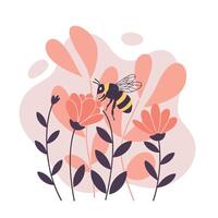 Bee collecting nectar from coral flowers on abstract botanical background in soft colors illustration vector