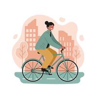Person riding bicycle in urban environment with muted tones and casual outfit in cityscape background vector