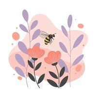 Bee flying near pink flowers and purple leaves in abstract nature scene with soft pastel colors and simple design vector