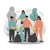 Group of people volunteer picking up trash in park environmental cleanup activity teamwork and community service vector
