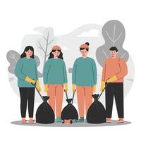 Group of volunteers collecting trash during community cleanup in natural park area environmental activity vector