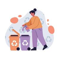 Woman sorting recyclable waste into color-coded bins promoting environmental awareness and sustainability vector