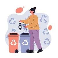 Woman sorting recyclable plastic and glass waste into color-coded bins for environmental conservation and responsible recycling habits vector