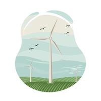 Wind turbines generating clean energy in green fields with birds flying under cloudy sky natural landscape scene vector