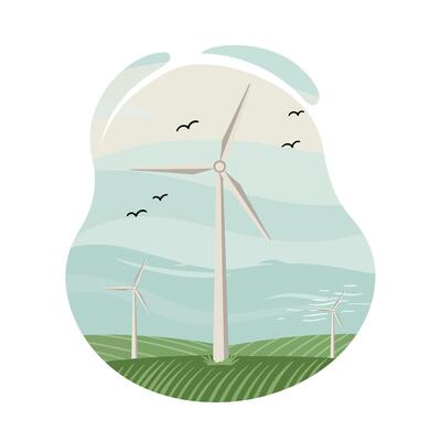 Wind turbines generating clean energy in green fields with birds flying under cloudy sky natural landscape scene
