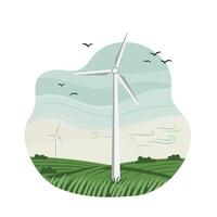 Wind turbines generating renewable energy in green fields with birds flying in cloudy sky vector
