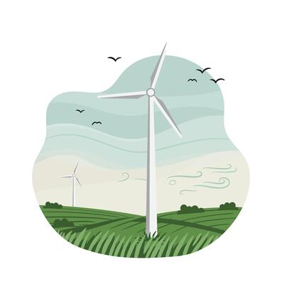 Wind turbines generating renewable energy in green fields with birds flying in cloudy sky