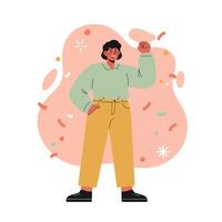 Confident young woman in green sweater and yellow pants standing with hand raised and smiling in abstract background vector