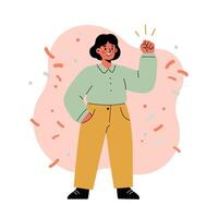 Confident woman standing with fist raised in casual clothing and happy expression vector
