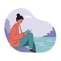 Woman reading book by riverside with autumn colors and calm atmosphere in landscape orientation vector