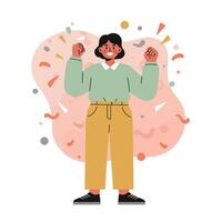 Confident person celebrating with raised fists in green sweater and mustard pants with abstract background illustration vector