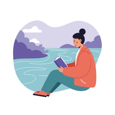 Woman reading book near water body with cloudy sky in peaceful outdoor setting