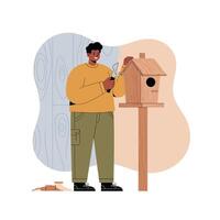 Man Building Wooden Birdhouse Using Hammer and Nails in Casual Clothing Natural Setting vector