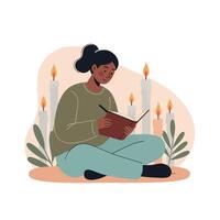 Woman reading book surrounded by candles and leaves in calm setting with soft green and peach tones vector