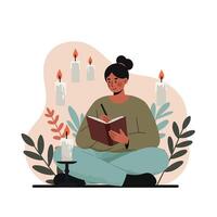 Woman reading book surrounded by lit candles and plants in calm indoor setting with warm tones vector