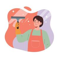 Woman cleaning window with squeegee in colorful background smiling with apron and gloves indoor cleaning concept vector
