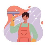 Person cleaning window with squeegee in apron and gloves on colorful background for household chores and cleaning tasks vector