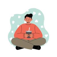 Young man sitting cross-legged enjoying a drink with a straw in casual clothes against light blue background with white clouds vector