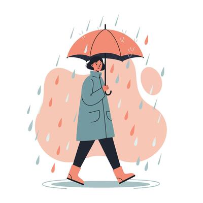 Woman walking in rain holding orange umbrella with teal coat and black pants in rainy weather