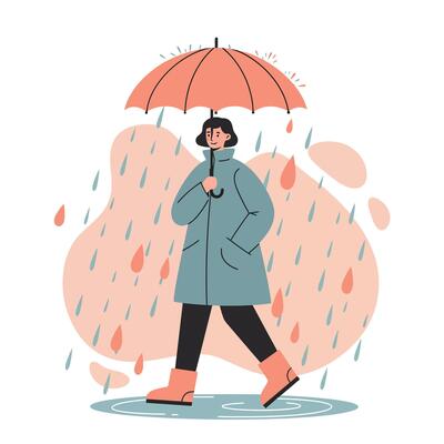 Woman walking with umbrella in rain wearing blue coat and orange boots in rainy weather illustration