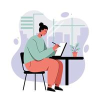 Woman writing on clipboard at desk with cityscape background in modern office setting vector