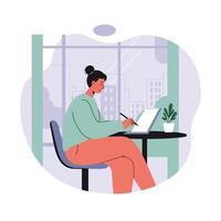 Woman writing in notebook at table by large window with city view and plant in modern interior vector