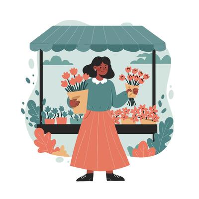Woman selling orange flowers at outdoor flower stall in nature setting with green leaves and cloudy sky