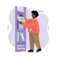Person standing and selecting book from purple bookshelf with orange jacket and brown pants in minimalist style vector