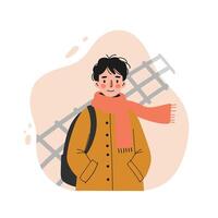 Young person wearing orange scarf and coat with backpack standing in front of lattice background in minimalist style vector