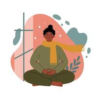 Person meditating indoors wearing warm scarf and relaxing in calm environment with abstract background vector
