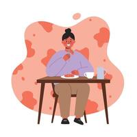 Woman enjoying cookies with milk at table in cozy setting with warm orange background and casual outfit vector