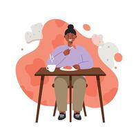 Woman enjoying hot coffee and dessert at table with abstract orange background in casual indoor setting vector