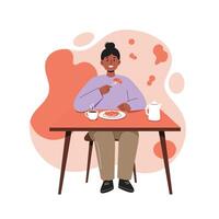 Person enjoying breakfast with coffee and toast at table in cozy setting with orange abstract background vector