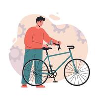 Man repairing bicycle using wrench for maintenance and leisure activity in casual outfit with gear background vector