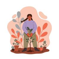 Young girl planting green sapling surrounded by potted plants with colorful abstract background in natural setting vector