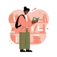 Young person reading book in library with backpack and casual clothing surrounded by bookshelves in warm tones vector