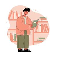 Young person reading book in library with shelves in background calm learning moment vector