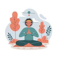 Person practicing meditation outdoors with autumn trees and calm nature background in peaceful setting vector